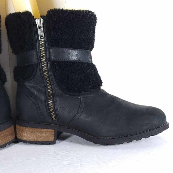 UGG Women's Blayre II US 6 Black Leather Side Zip Belted Shearling Boots - Picture 7 of 12